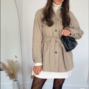 NWT-Women's Daily Wear Belted Mid-Length Wool Blend Shirt Jacket Shacket